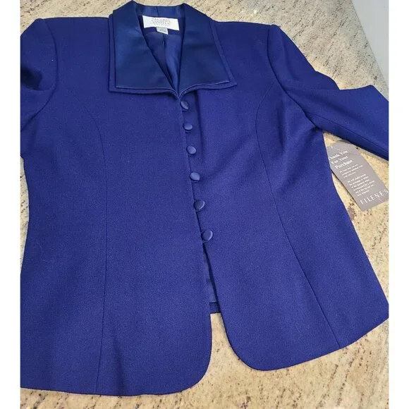 New! Valerie Steven Evening Dinner Sz 10 Petite Blue Skirt Suit Satin Lapel Wool